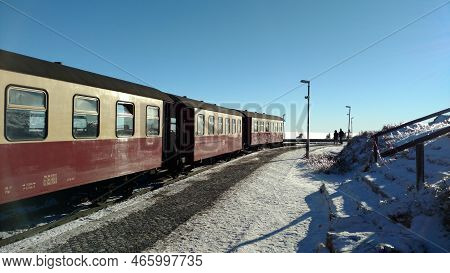 Brocken Steam Locomotice Running Up Hill Winter Blue Sky
