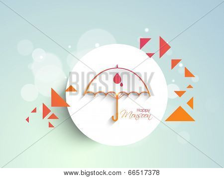 Stylish sticky with umbrella design on shiny green background for Monsoon Season celebrations. 