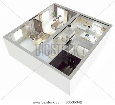 Plan view of an apartment.Ground floor. Clear 3d interior design. 