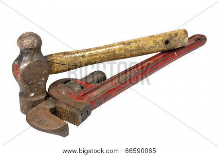 Well Used Monkey Wrench And Ball Peen Hammer