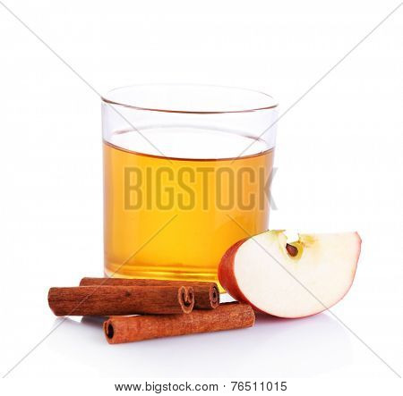 Apple cider with cinnamon sticks, isolated on white
