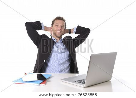Attractive Businessman Happy At Work Smiling Relaxed At Computer Desk