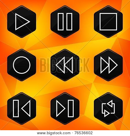 Player. Hexagonal icons set on abstract orange background