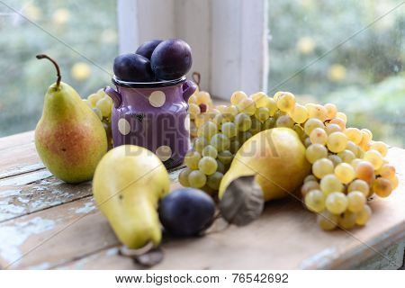 Autumn Fruits Pears, Plums And White Grapes Still Life