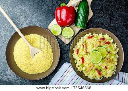 Couscous With Grilled Chicken Meat And Vegetables