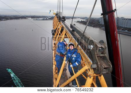 High-altitude Installation Work Working Console Tower Crane.