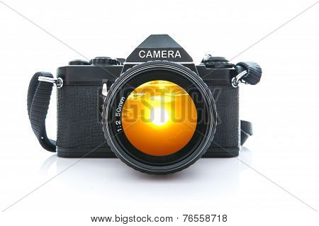 Old SLR Black Camera on White Background