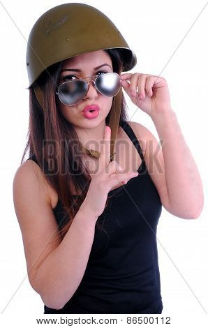 girl looking from glasses index finger near the mouth