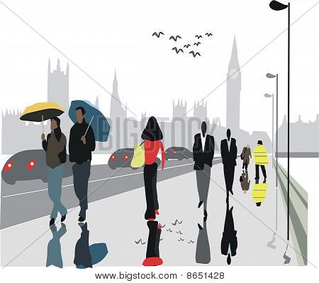 Pedoni di Londra nell'illustrazione di pioggia