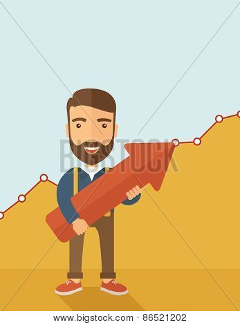 A lucky young  hipster Caucasian man with beard cheerfully carrying a red arrow pointing upward showing for his successful plan in business. Business growth, prosperity concept. A contemporary style