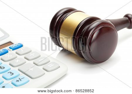 Wooden Judge's Gavel And Calculator