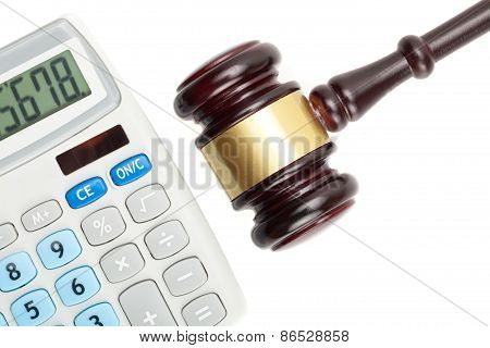 Wooden Judge's Gavel And Calculator