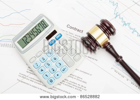 Wooden Judge's Gavel And Calculator Over Some Financial Documents