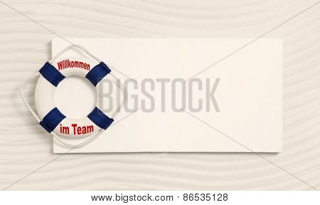 Message board or nautical background with the german text: welcome in our team.