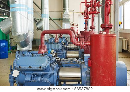 engineering equipment. industrial compressor refrigeration station at manufacturing factory