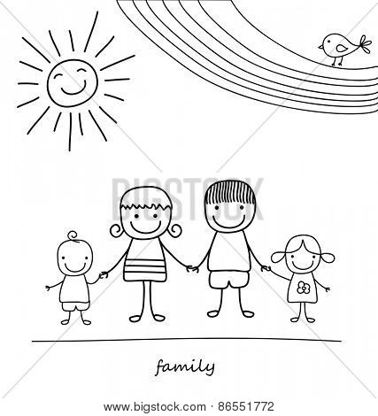 happy family and rainbow, black and white child like drawing