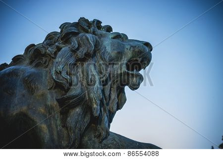 Bronze lion sculpture, oldest street in the capital of Spain, the city of Madrid