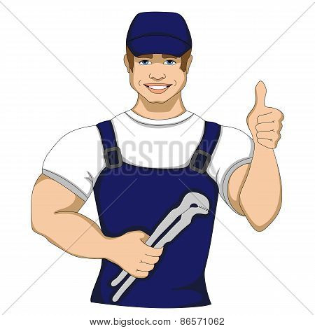 Cartoon Plumber Holding A Monkey Wrench