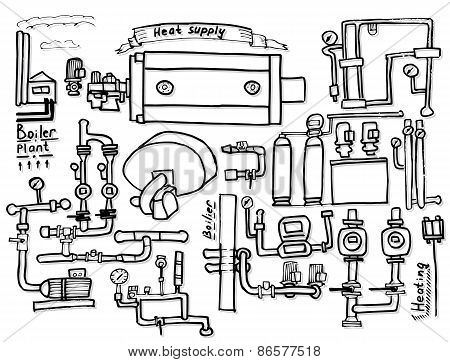 Boiler Room Equipment, Engineering Systems. Sketch. Vector File. Gas, Heat, Cold And Hot Water. Util