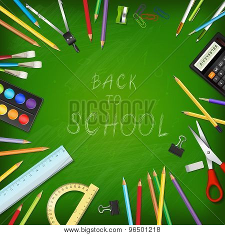 Back To School Background With Supplies Tools On Board.