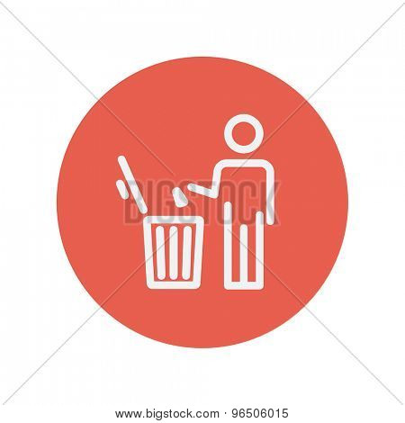 Man throwing garbage in a bin thin line icon for web and mobile minimalistic flat design. Vector white icon inside the red circle.