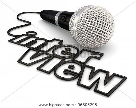 Interview microphone cord word to illustrate a guest being asked questions on a radio, podcast or television program or discussion
