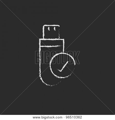 USB flash drive hand drawn in chalk on a blackboard vector white icon on a black background