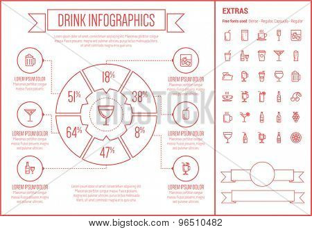 Drink infographic template and elements. The template includes the following set of icons - hot choco, mug of beer, orange joice, cold water, tea and more. Modern minimalistic flat thin line vector