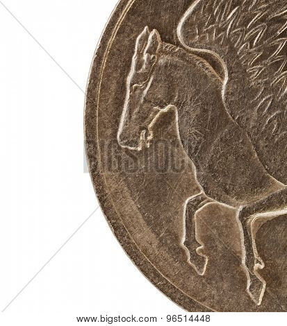 Pegasus, winged horse from Greek mythology, a detail (2 times life-size)  from ten drachmas old circulated coin (1973)