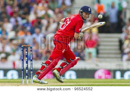 LONDON, ENGLAND - June 19 2013: Joe Root batting during the ICC Champions Trophy semi final match between England and South Africa at The Oval Cricket Ground