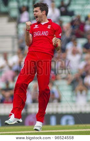 LONDON, ENGLAND - June 19 2013: James Anderson appeals for the wicket of Colin Ingramduring the ICC Champions Trophy semi final match between England and South Africa at The Oval Cricket Ground