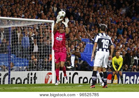 LONDON, ENGLAND. September 19 2012 Juventus's goalkeeper Gianluigi Buffon catches the ball during the UEFA Champions League football match between Chelsea and Juventus played at Stamford Bridge