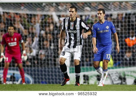 LONDON, ENGLAND. September 19 2012 Juventus's Italian defender Leonardo Bonucci and Chelsea's midfielder Eden Hazard during the UEFA Champions League football match between Chelsea and Juventus