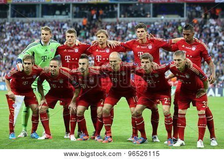 MUNICH, GERMANY May 19 2012. The Bayern team at the 2012 UEFA Champions League Final at the Allianz Arena Munich contested by Chelsea and Bayern Munich