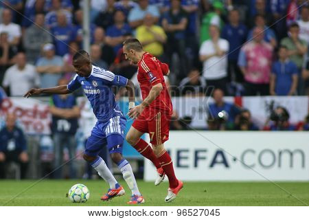 MUNICH, GERMANY May 19 2012. Chelsea's Ivory Coast forward Salomon Kalou and Bayern's French midfielder Franck Ribery in action during the 2012 UEFA Champions League Final played at the Allianz Arena