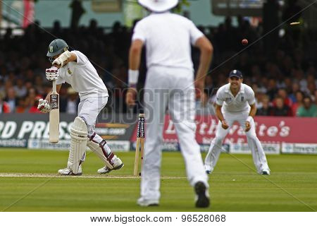 LONDON, ENGLAND. AUGUST 16 2012 South Africa's Hashim Amla is bowled out by England's Steven Finn not in picture during the third Investec cricket  test match between England and South Africa,
