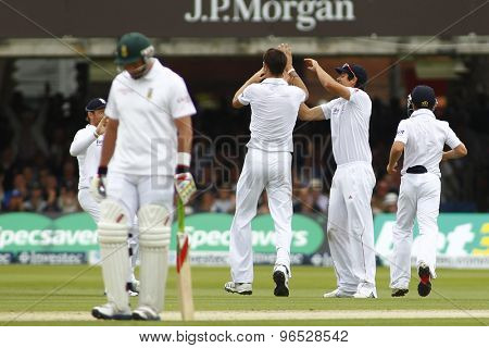 LONDON, ENGLAND. AUGUST 16 2012 South Africa's Hashim Amla is bowled out by England's Steven Finn not in picture during the third Investec cricket  test match between England and South Africa