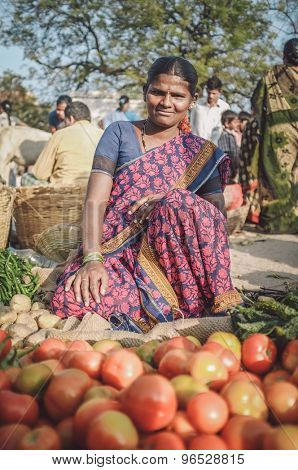 KAMALAPURAM, INDIA - 02 FABRUARY 2015: Indian lady sells vegetables on a market close to Hampi. Post-processed with grain, texture and colour effect.