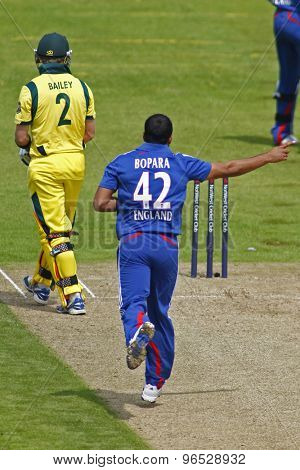 CHESTER LE STREET, ENGLAND. JULY 07 2012: England's Ravi Bopara, celebrates the wicket of Australia's George Bailey, during the 4th one day international between England and Australia