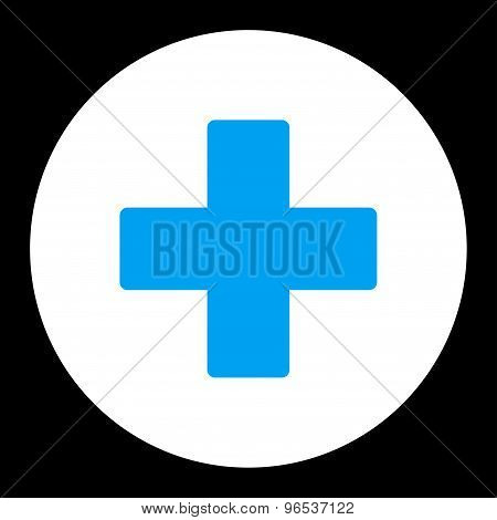 Plus flat blue and white colors round button
