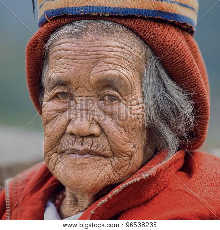Old Ifugao Woman In National Dress Next To Rice Terraces, Philippines.