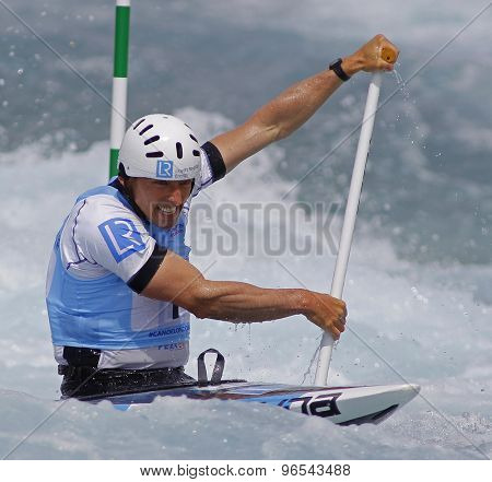 LONDON, ENGLAND - JUNE 06 2014 David Florence of Great Britain competes at the ICF Canoe Slalom held at the Lea Valley White Water centre Waltham Abbey.