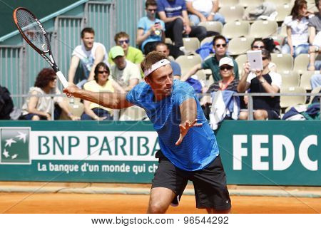 MONTE CARLO, MONACO. APRIL 16 2012 Lukasz Kubot (POL) in action during the first round match between Lukasz Kubot (POL) and Jurgen Melzer (AUT)  at the ATP Monte Carlo Masters  