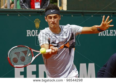 MONTE CARLO, MONACO. APRIL 16 2012 Bernard Tomic (AUS) in action during the first round match between Bernard Tomic (AUS) and Denis Istomin (UZB) at the ATP Monte Carlo Masters  