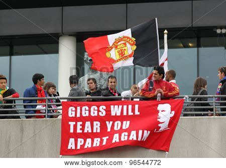 LONDON, ENGLAND. May 28 2011:  A fan banner for Man U at the 2011UEFA Champions League final between Manchester United and FC Barcelona, at Wembley Stadium