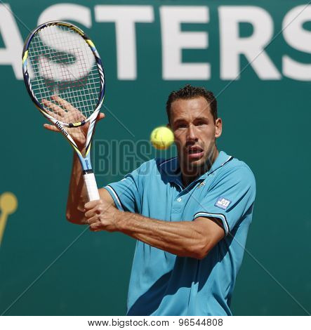 MONTE CARLO, MONACO. APRIL 17 2012 Michael Llodra (FRA) in action during the second round match between Michael Llodra (FRA) and Fabio Fognini (ITA) at the ATP Monte Carlo Masters  .