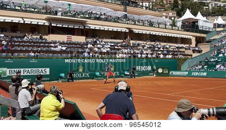 MONTE CARLO, MONACO. APRIL 17 2012 Andy Murray (GBR) in action during the second round match betweenAndy Murray (GBR) and Viktor Troicki (SRB)  at the ATP Monte Carlo Masters  .