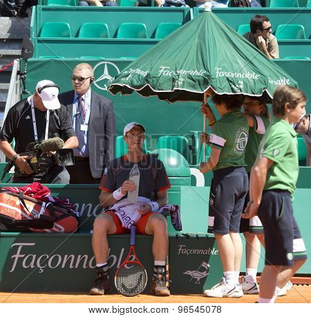 MONTE CARLO, MONACO. APRIL 17 2012 Andy Murray (GBR) in action during the second round match betweenAndy Murray (GBR) and Viktor Troicki (SRB)  at the ATP Monte Carlo Masters  .