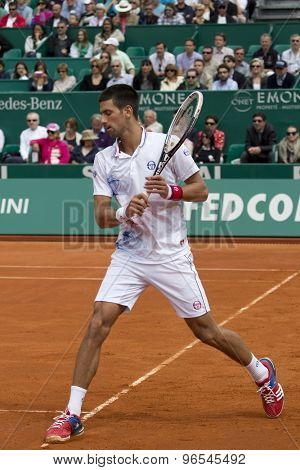 MONTE CARLO, MONACO. APRIL 18 2012 Novak Djokovic (SRB) in action during the second round match between Novak Djokovic (SRB) and Andreas Seppi (ITA)  at the ATP Monte Carlo Masters  .