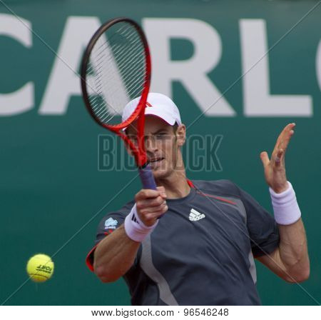 MONTE CARLO, MONACO. APRIL 20 2012 Andy Murray (GBR) in action during the quarter final singles match between Andy Murray (GBR) and Tomas Berdych (CZE) at the ATP Monte Carlo Masters  .